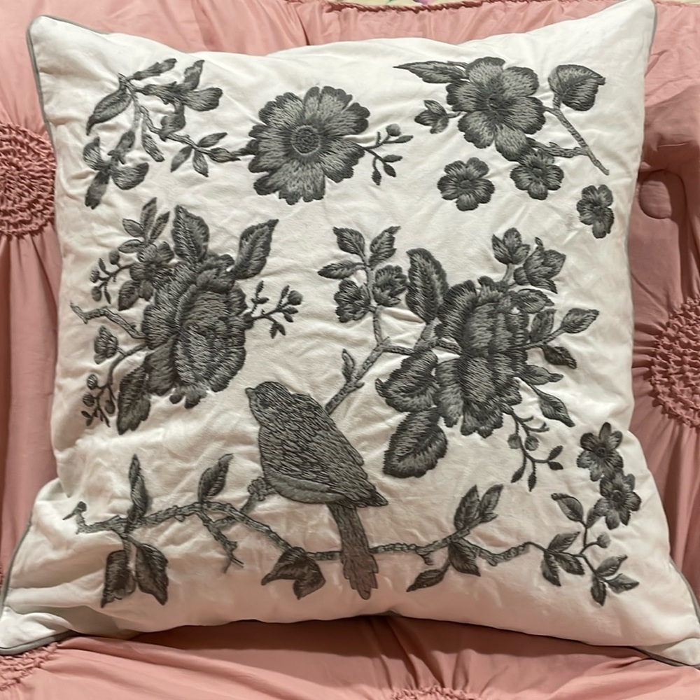 IKEA Floral Embroidered Decorative Bird Throw Pillow